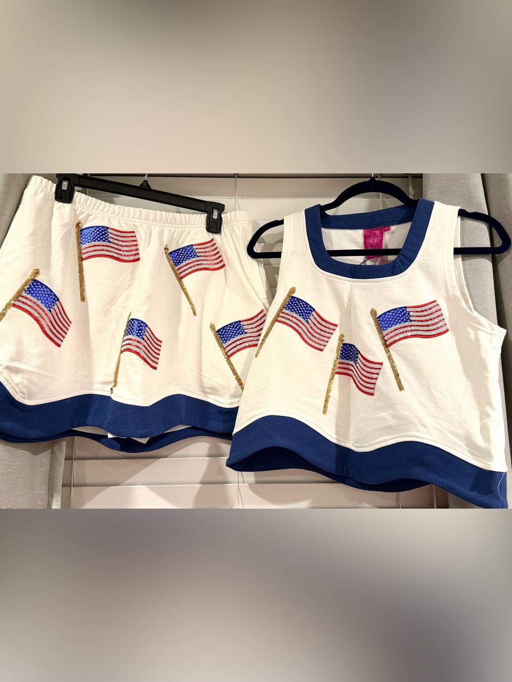 QUEEN OF SPARKLES White Tank Top with American Flag Embellishments and Navy Trim